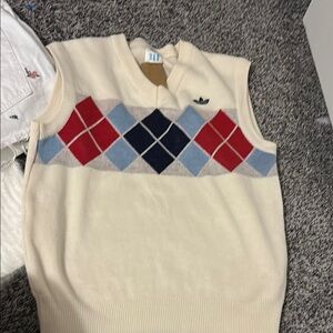 Adidas Cream and Red V-Neck Argyle Sweater